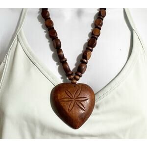 Handcarved Wooden Beaded Heart Necklace Coastal Beach Love 13” Drop